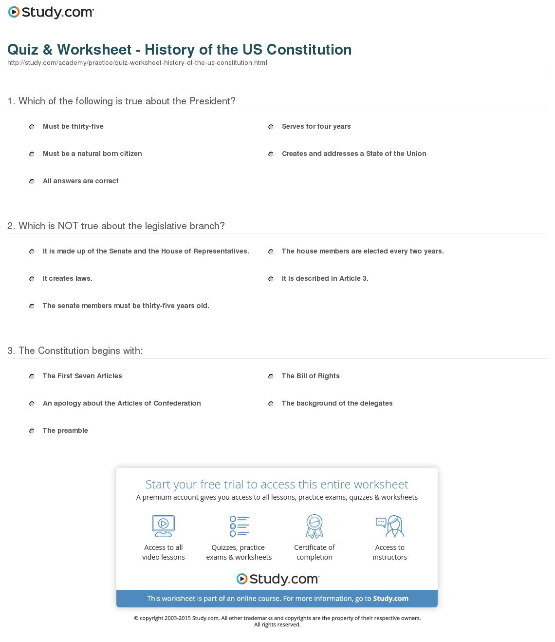 Quiz &amp;amp; Worksheet - History Of The Us Constitution | Study | Free Printable Us Constitution Worksheets