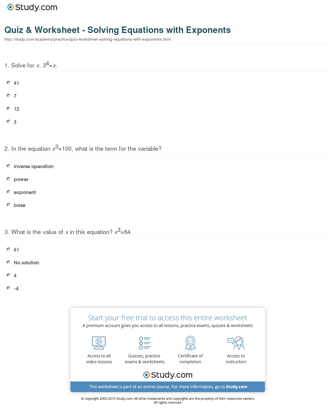 Quiz &amp;amp; Worksheet - Solving Equations With Exponents | Study | Printable Solving Equations Worksheets