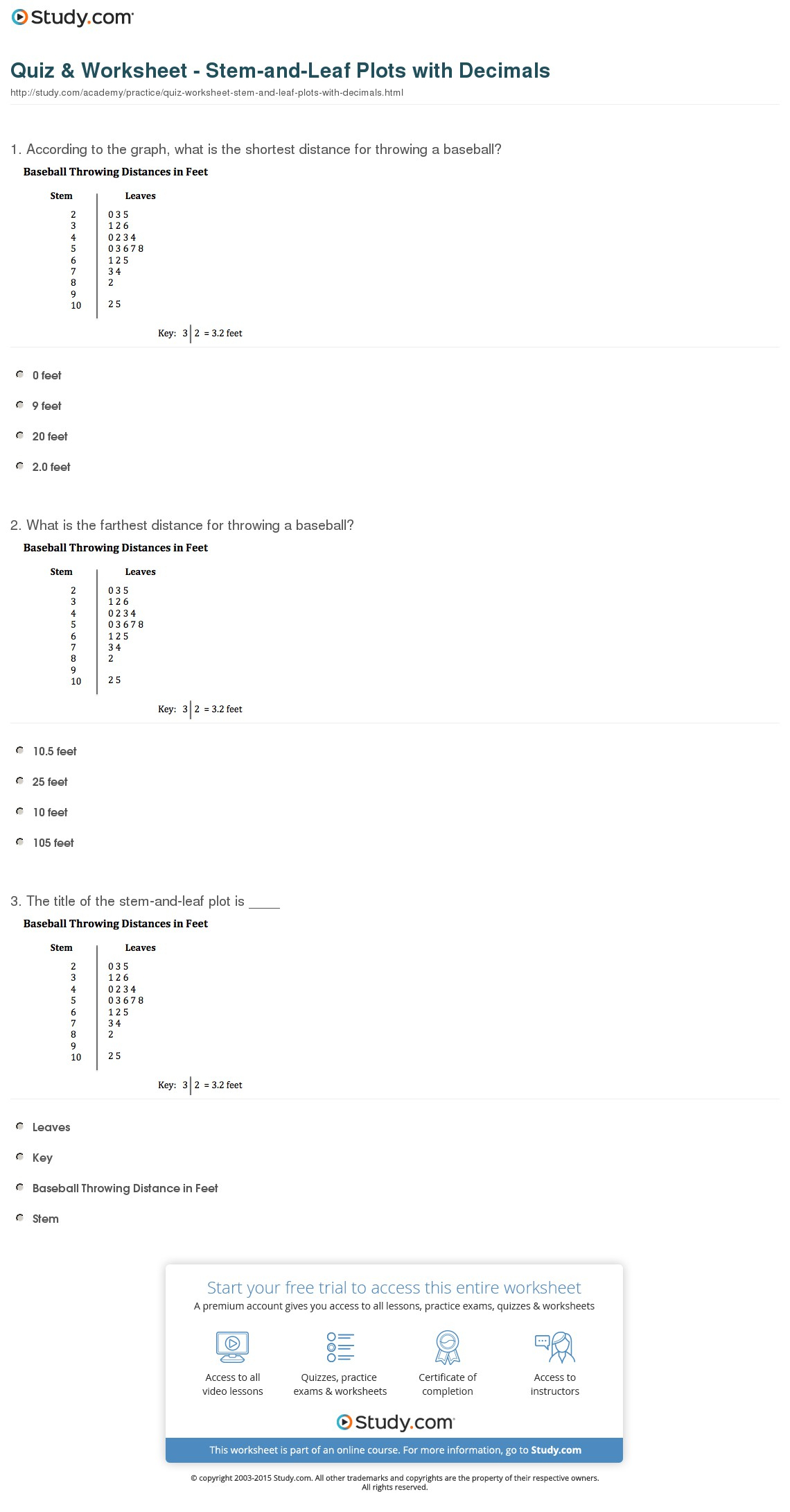 Quiz &amp;amp; Worksheet - Stem-And-Leaf Plots With Decimals | Study | Stem And Leaf Plot Printable Worksheets