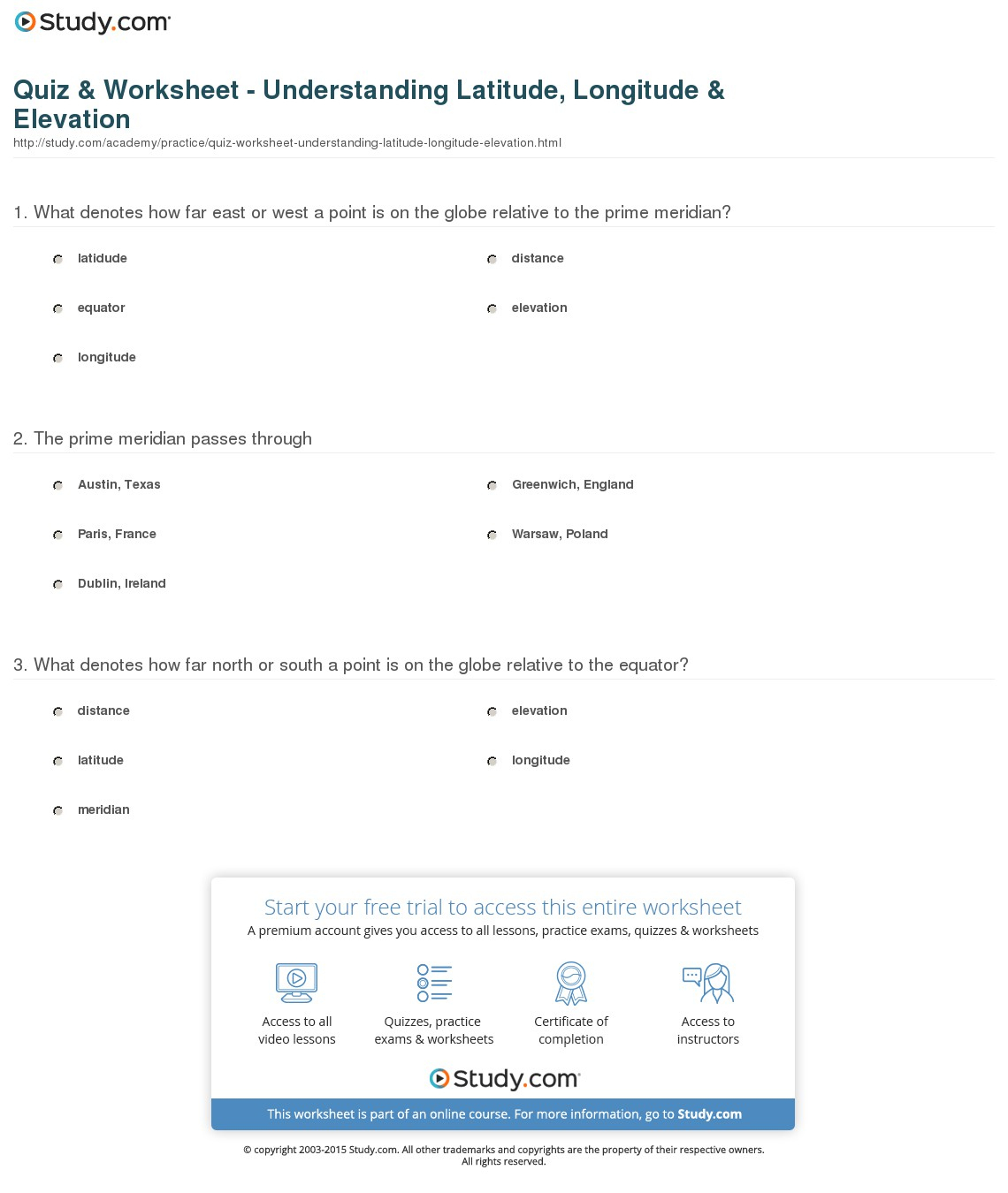 Quiz &amp;amp; Worksheet - Understanding Latitude, Longitude &amp;amp; Elevation | Latitude Longitude Printable Worksheets