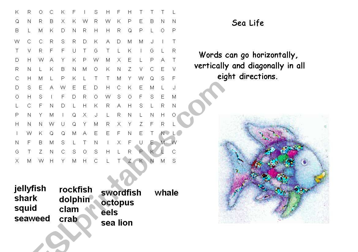 Rainbow Fish Wordsearch - Esl Worksheetreasid | Rainbow Fish Printable Worksheets