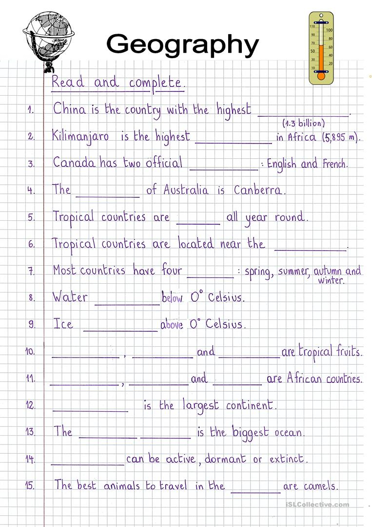 worksheets for grade 4 geography