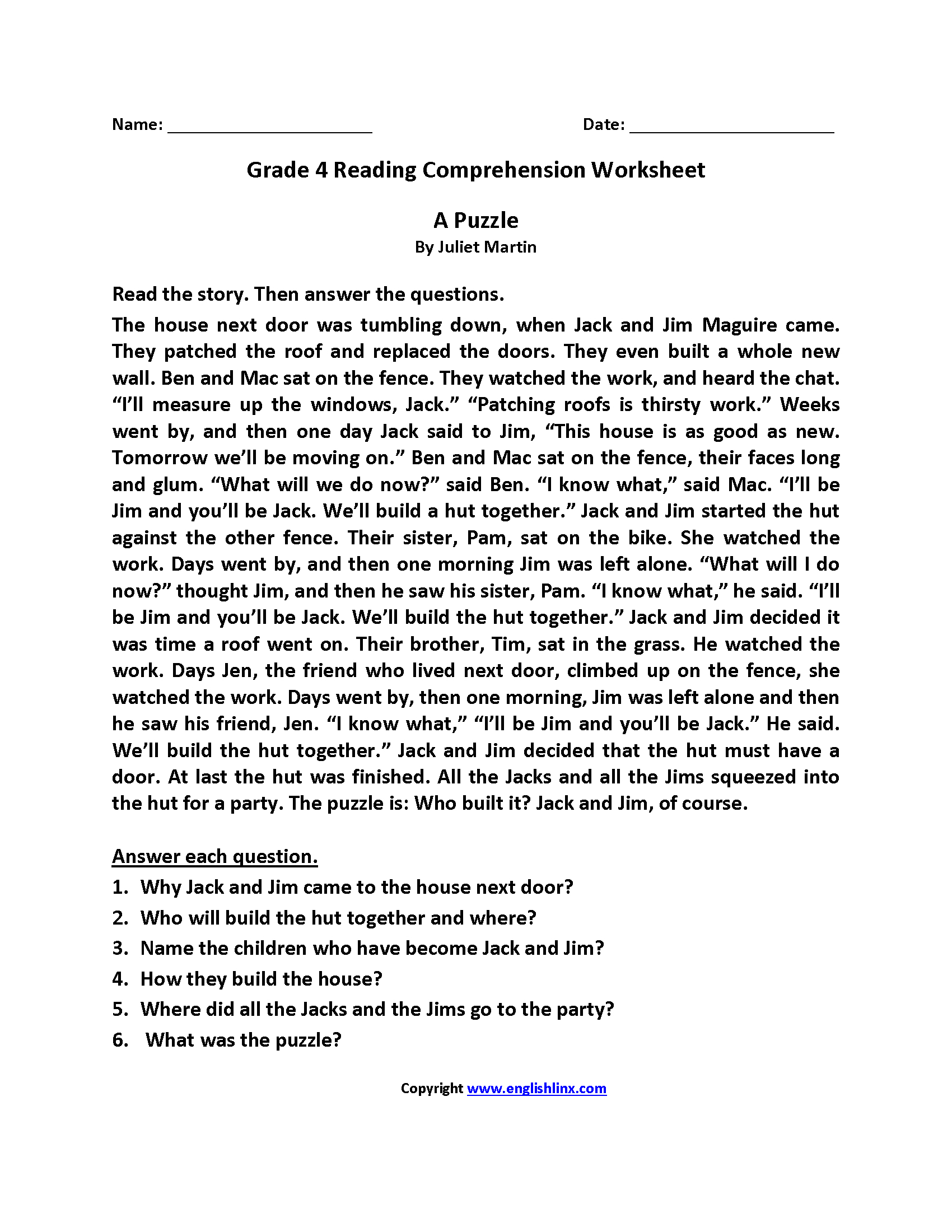 Free Printable 4Th Grade Reading Worksheets Printable Worksheets