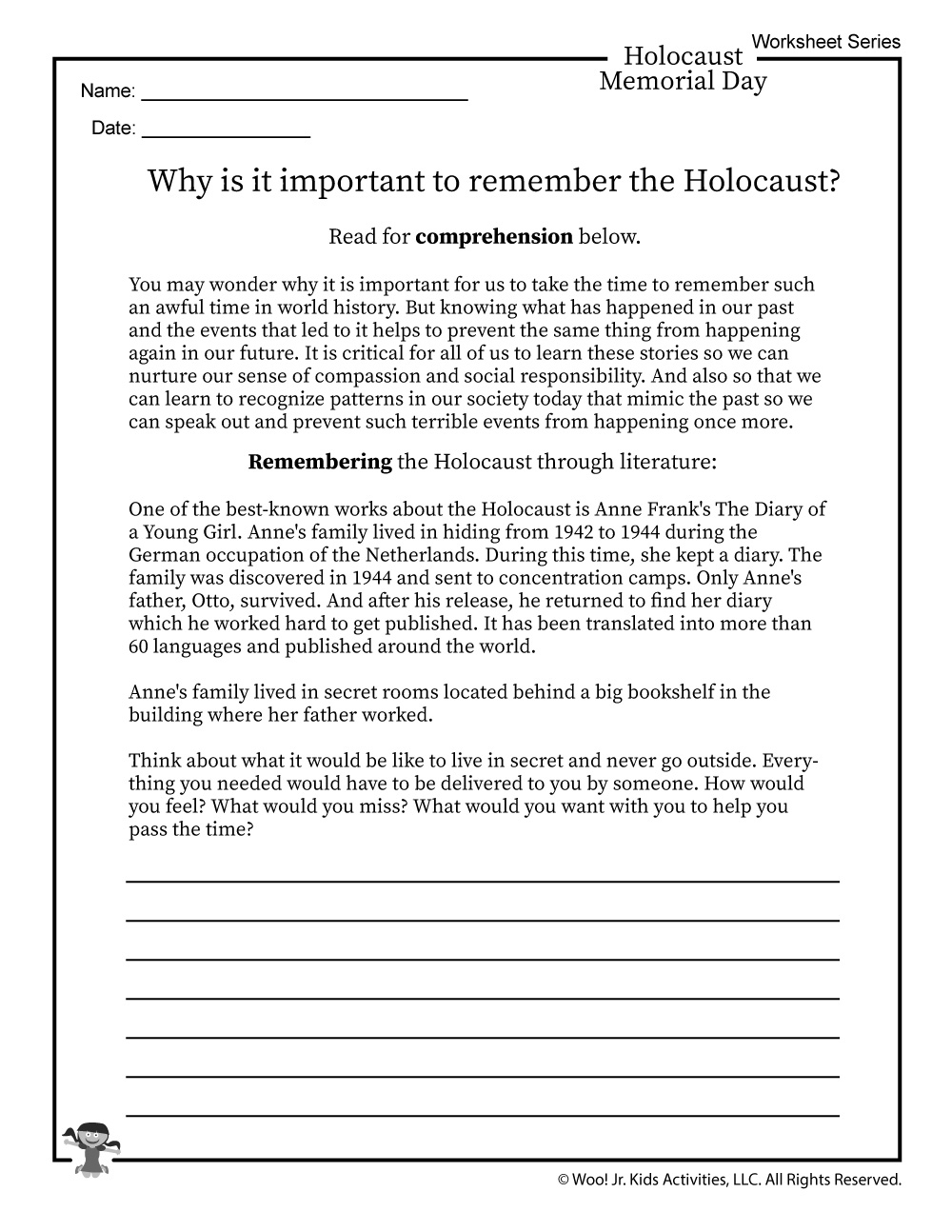 Remembering Anne Frank Worksheet | Woo! Jr. Kids Activities | Holocaust Printable Worksheets