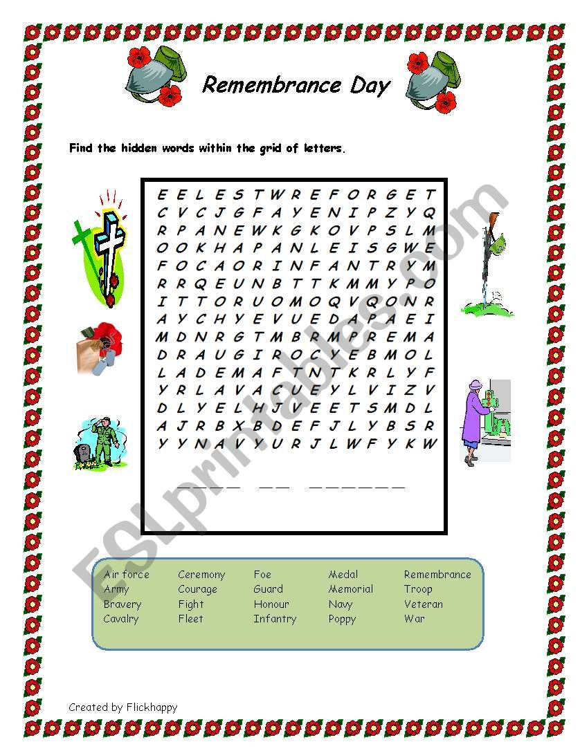 Remembrance Day -Wordsearch - Esl Worksheetflickhappy | Memorial Day Free Printable Worksheets