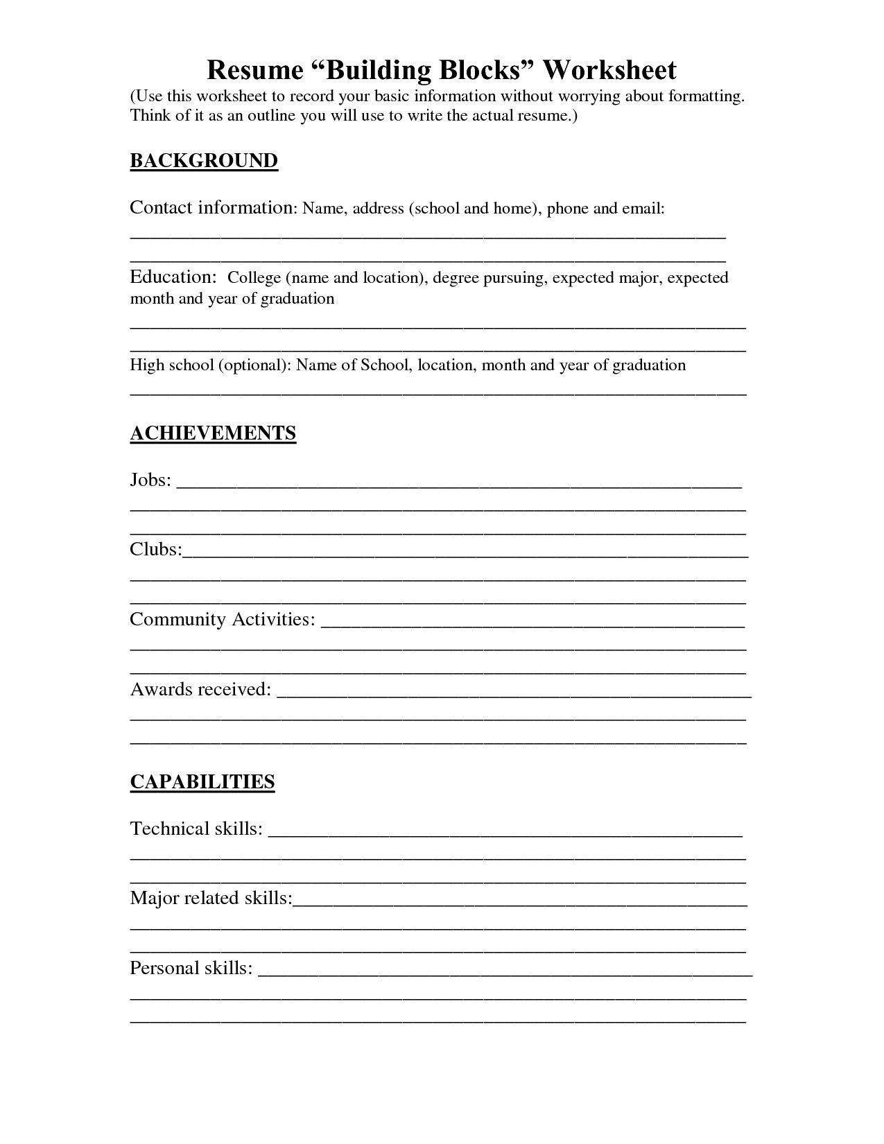 Resume Worksheet Printable And High School Builder Free Bulder Build | Free Printable Worksheets For Highschool Students