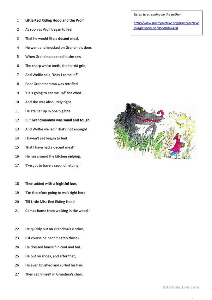 Roald Dahl - Poem - Little Red Riding Hood Worksheet - Free Esl ...