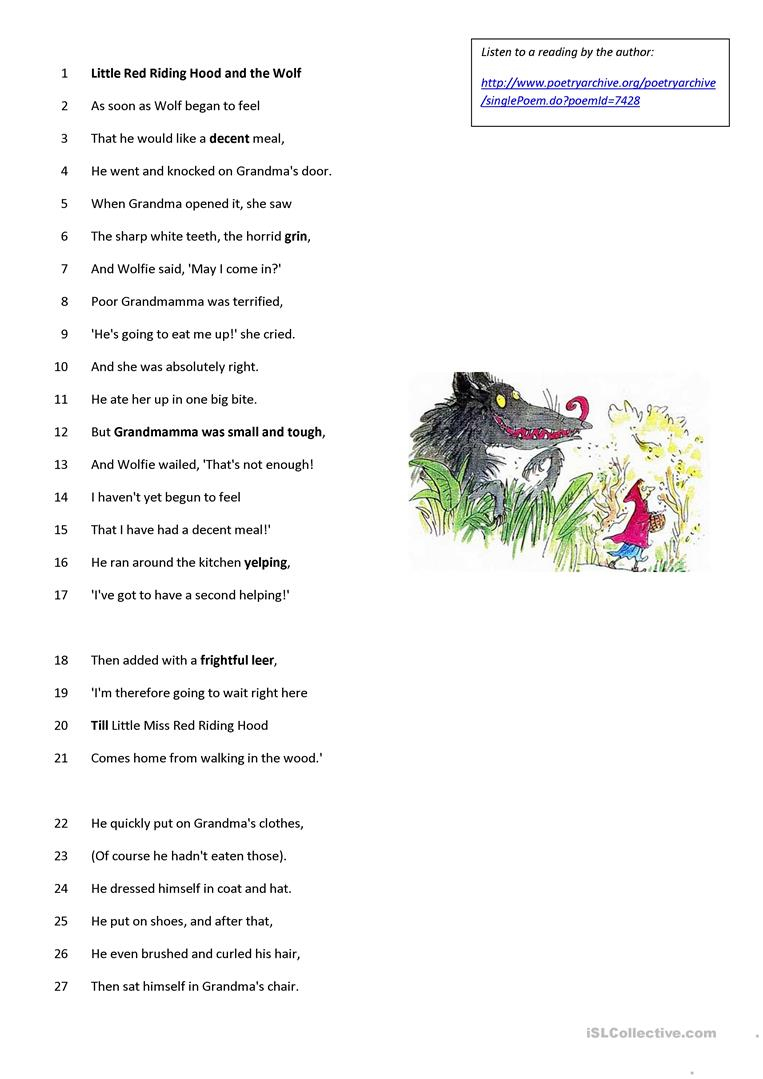 Roald Dahl - Poem - Little Red Riding Hood Worksheet - Free Esl | Little Red Riding Hood Worksheets Printable