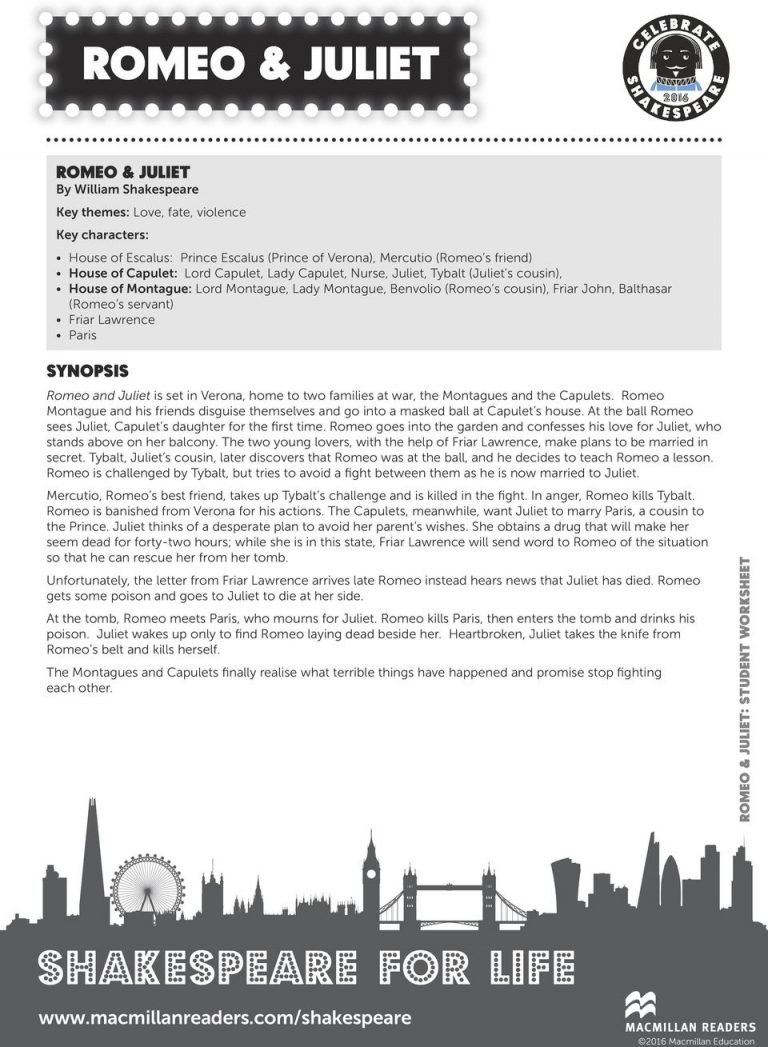 Romeo &amp; Juliet. Student Worksheet 1 Reading Task 1. Shakespeare For ...