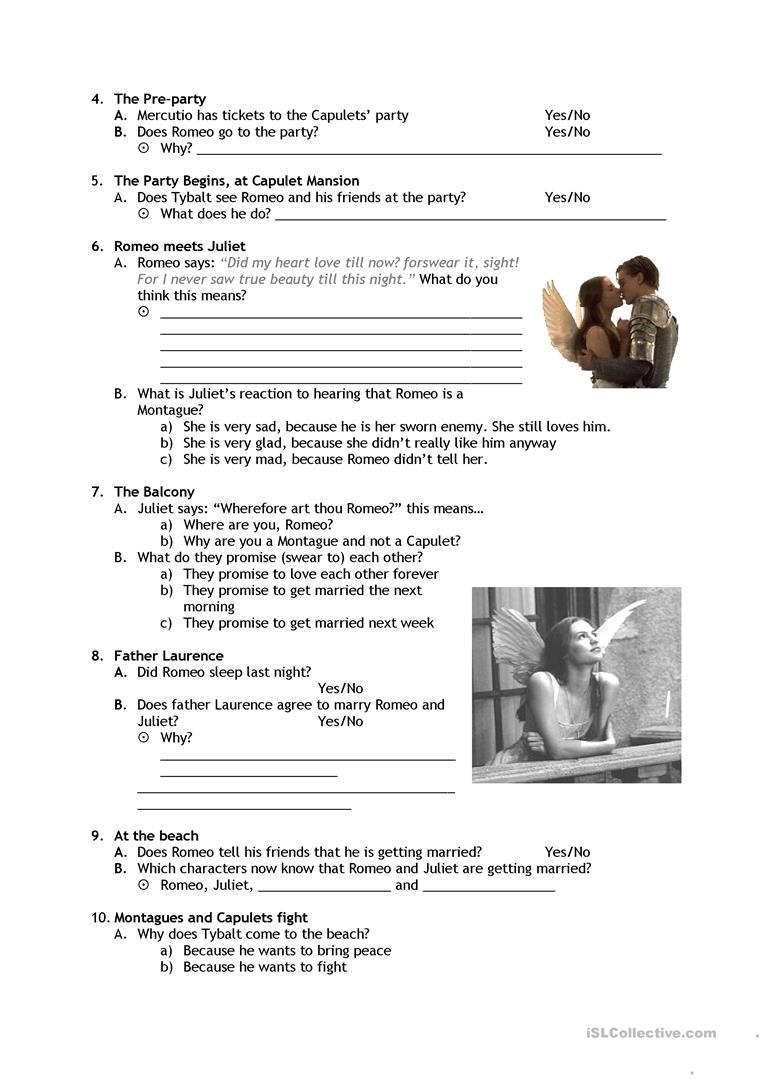 Romeo &amp;amp; Juliet Worksheet - Free Esl Printable Worksheets Made | Romeo And Juliet Free Printable Worksheets