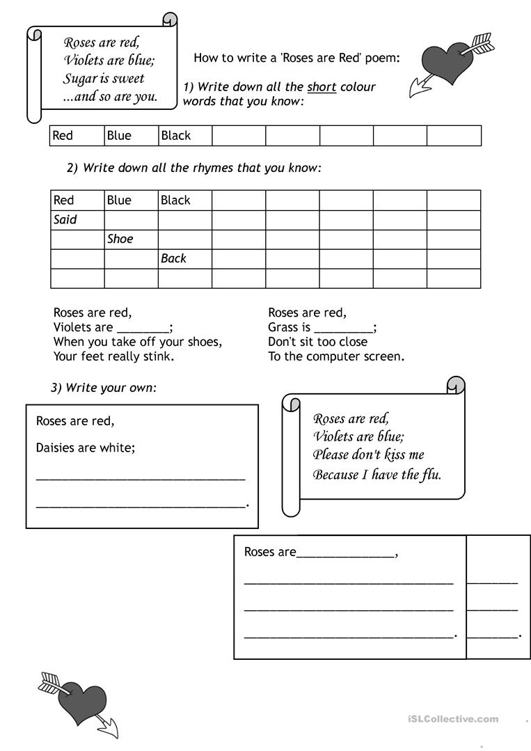 Roses Are Red&amp;#039; : Writing Poems Worksheet - Free Esl Printable | Free Printable Poetry Worksheets