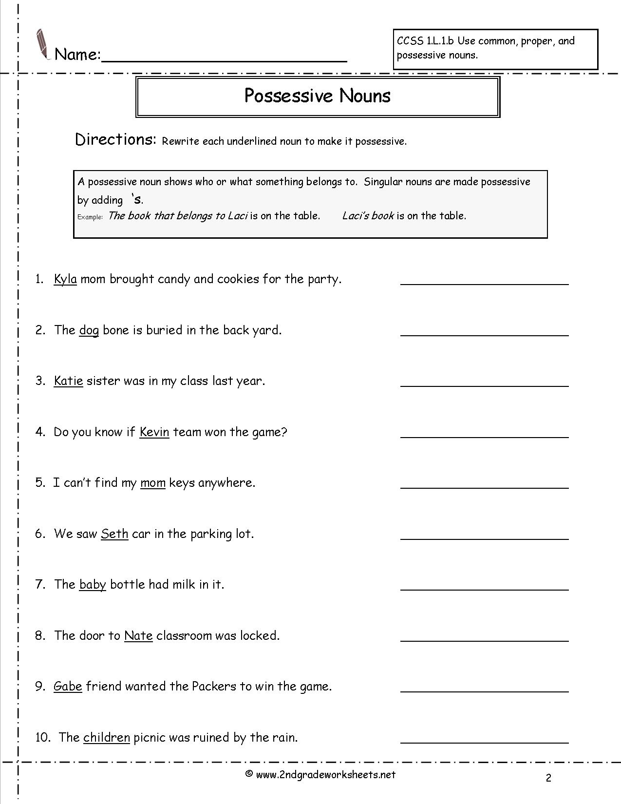 Second Grade Possessive Nouns Worksheets | Possessive Pronouns Printable Worksheets