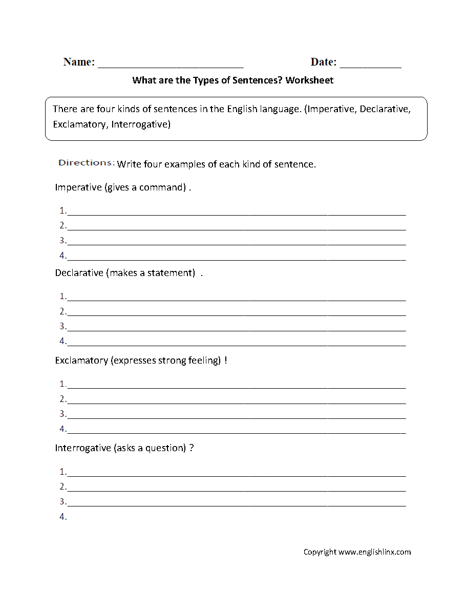 Free Printable Types Of Sentences Worksheets Printable Worksheets