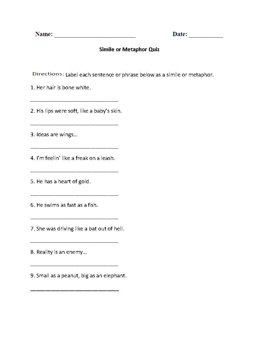 Simile Or Metaphor Quiz Worksheet | Writing | Simile, Similes | 4Th Grade Printable Worksheets Language Arts