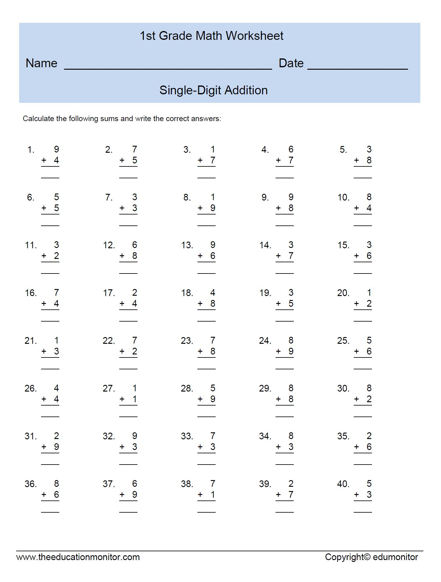 Single Digit Addition Worksheets For First Grade | Free Printable Addition Worksheets For 1St Grade