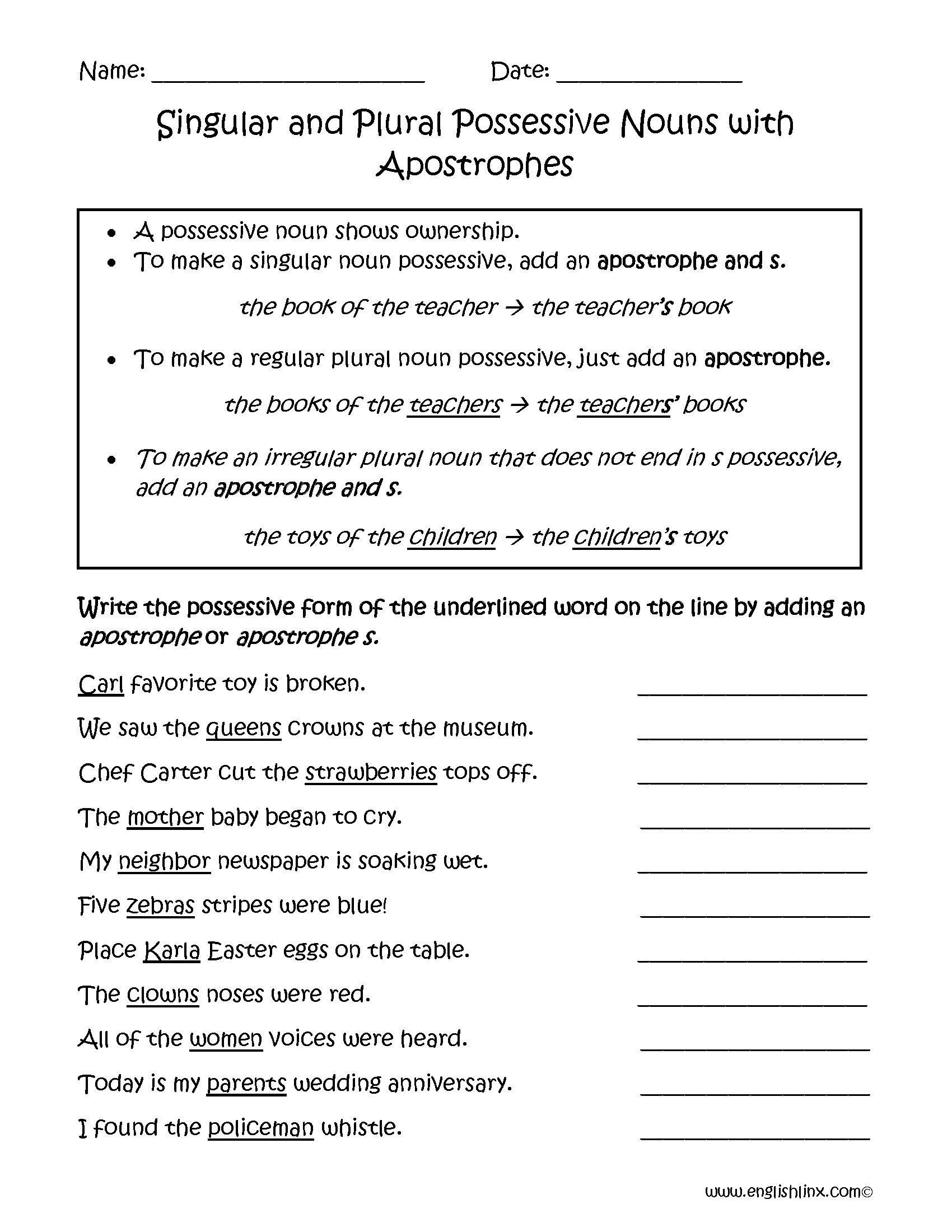 Singular And Plural Possessive Worksheets