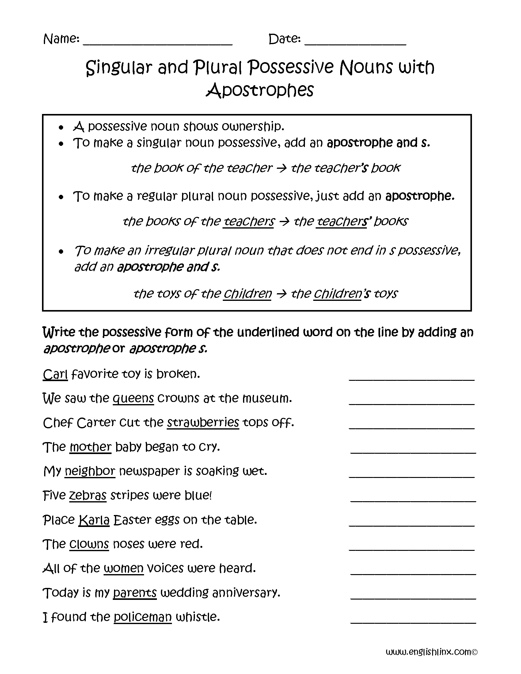 Possessive Nouns Printable Worksheets Printable Worksheets