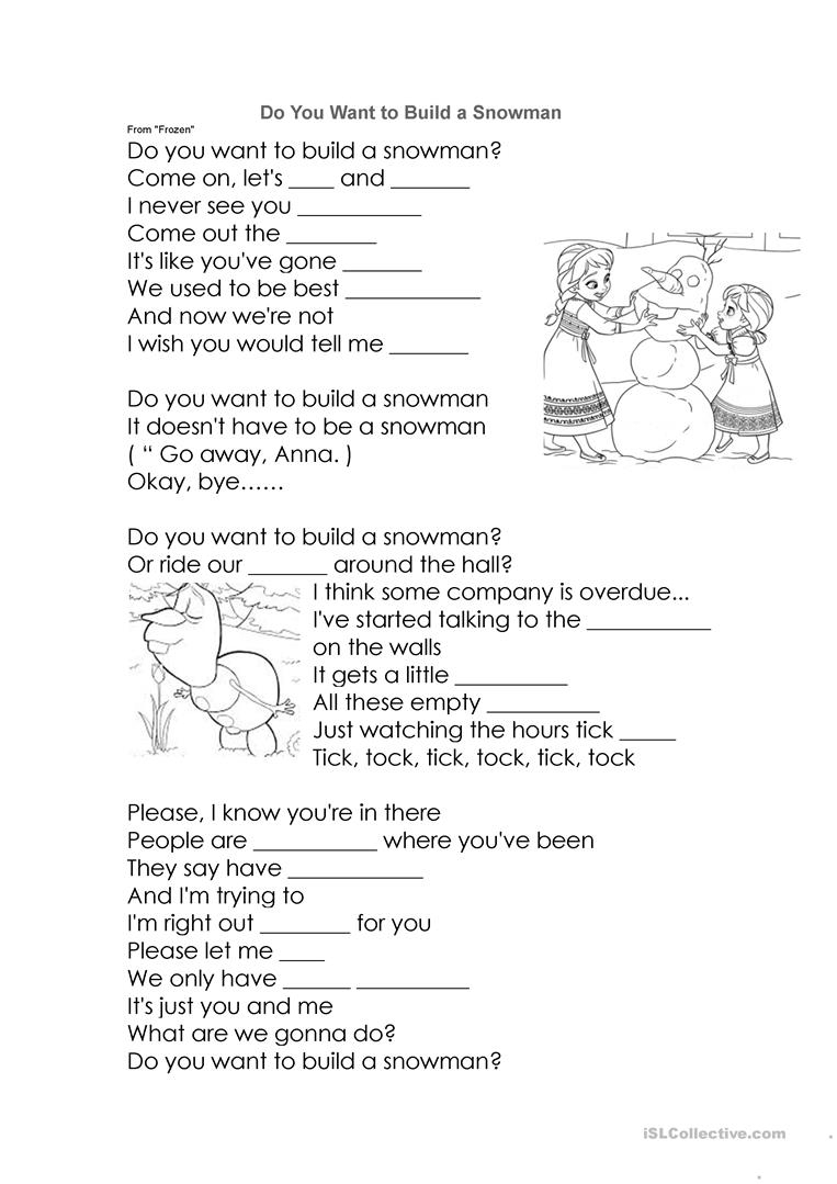 Song Lyrics From Frozen- Do You Want To Build A Snowman? Worksheet | Snowman Worksheet Printables