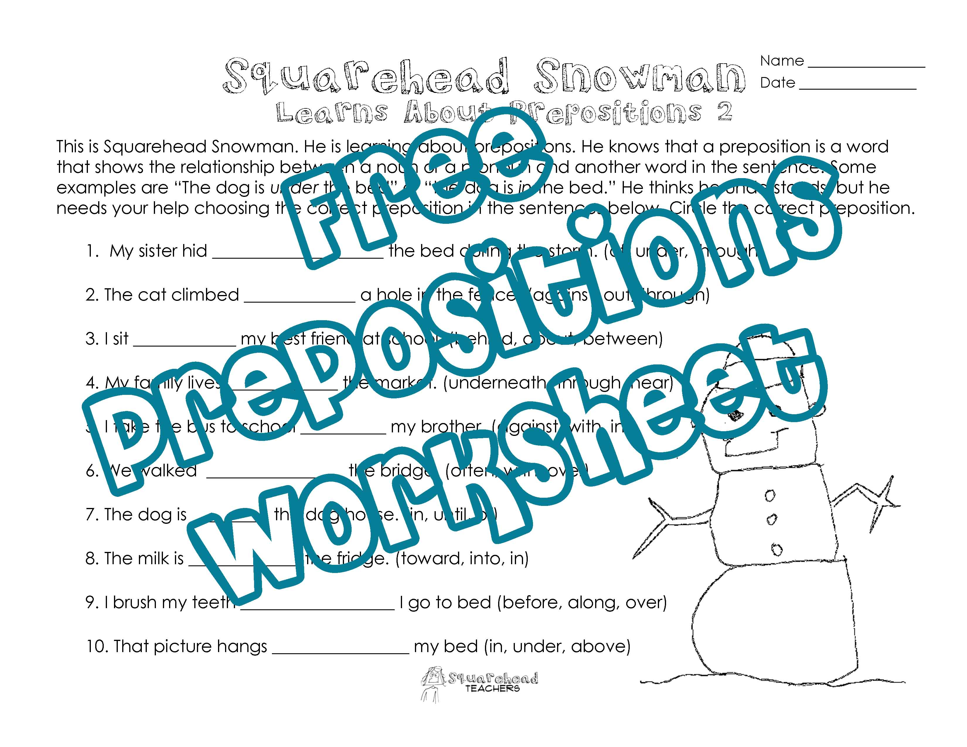 Squarehead Snowman: Prepositions Practice 2 | Squarehead Teachers | Free Printable Worksheets For Prepositions