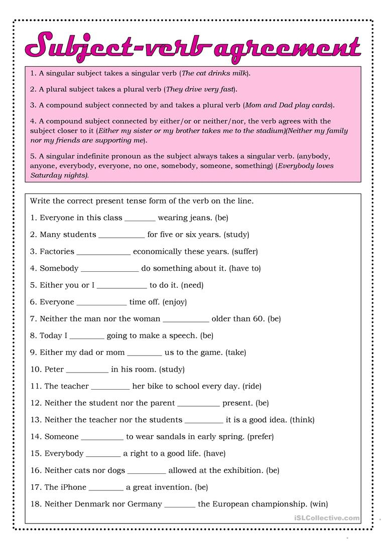 Subject Verb Agreement Printable Worksheets High School Printable Worksheets