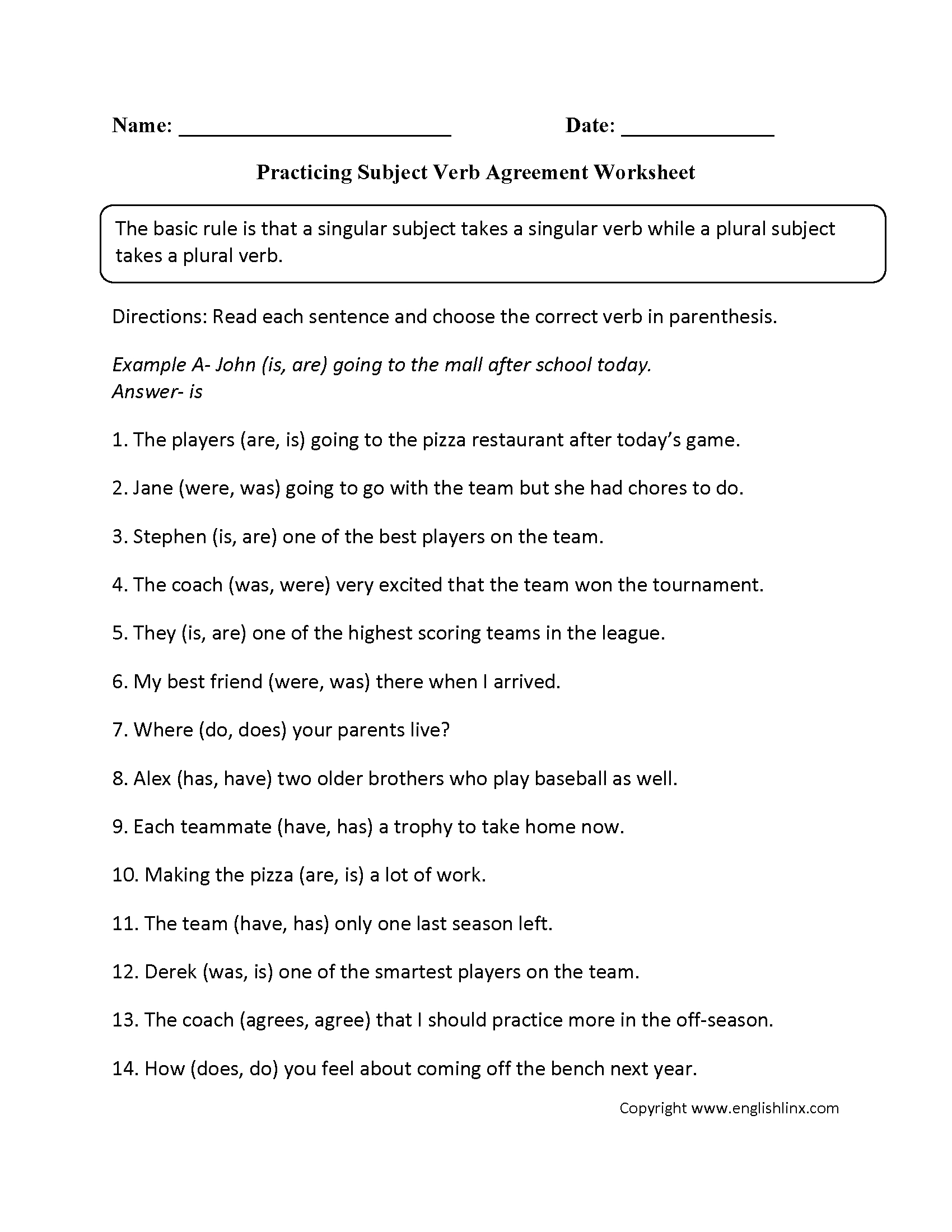 Free Printable Subject Verb Agreement Worksheets Printable Worksheets