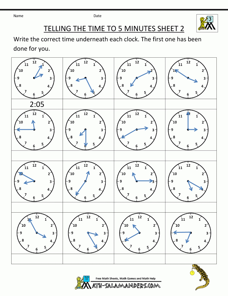 Telling Time Clock Worksheets To 5 Minutes | Telling Time Printable Worksheets First Grade