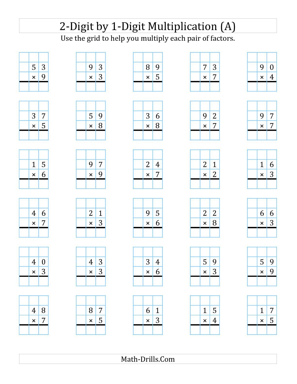 The 2-Digit1-Digit Multiplication With Grid Support (A) Math | 3 Digit By 1 Digit Multiplication Worksheets Printable