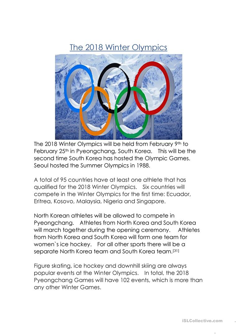 The 2018 Winter Olympics Worksheet - Free Esl Printable Worksheets | Olympic Printable Worksheets