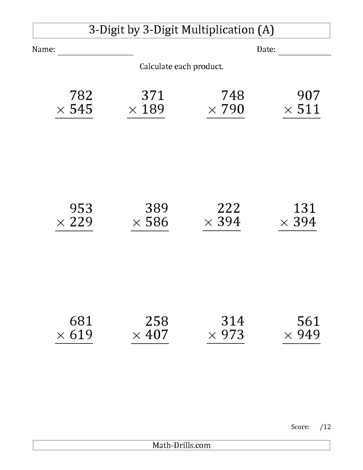 The Multiplying 3-Digit3-Digit Numbers (Large Print) (A) Math | 3 Digit Multiplication Worksheets Printable