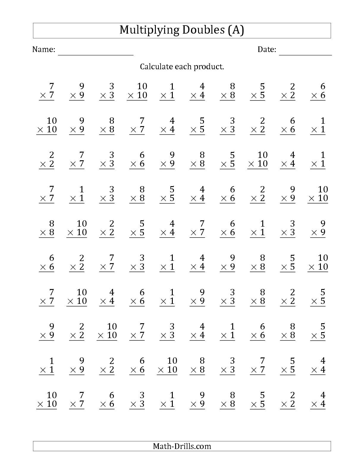 The Multiplying Doubles From 1 To 10 With 100 Questions Per Page (A | 100 Math Facts Worksheets Printable