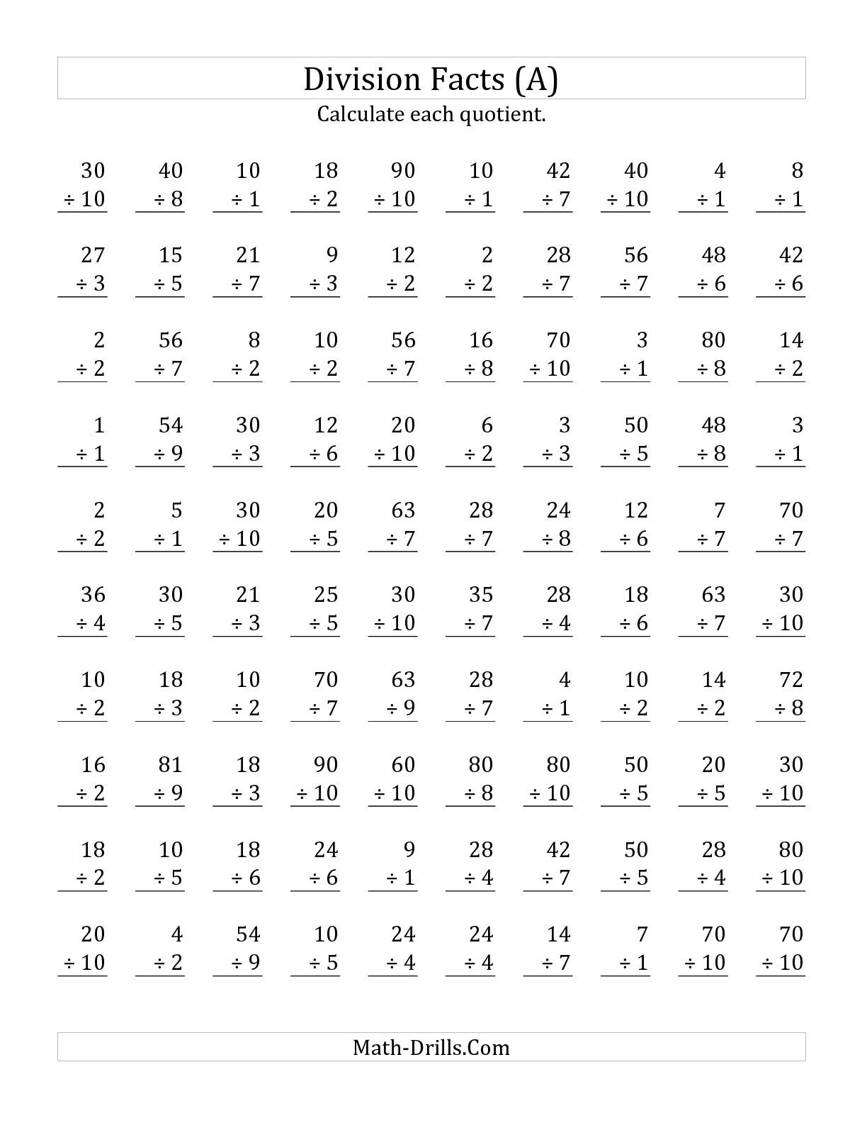 The Vertically Arranged Division Facts To 100 (A) Math Worksheet | Printable Division Facts Worksheets