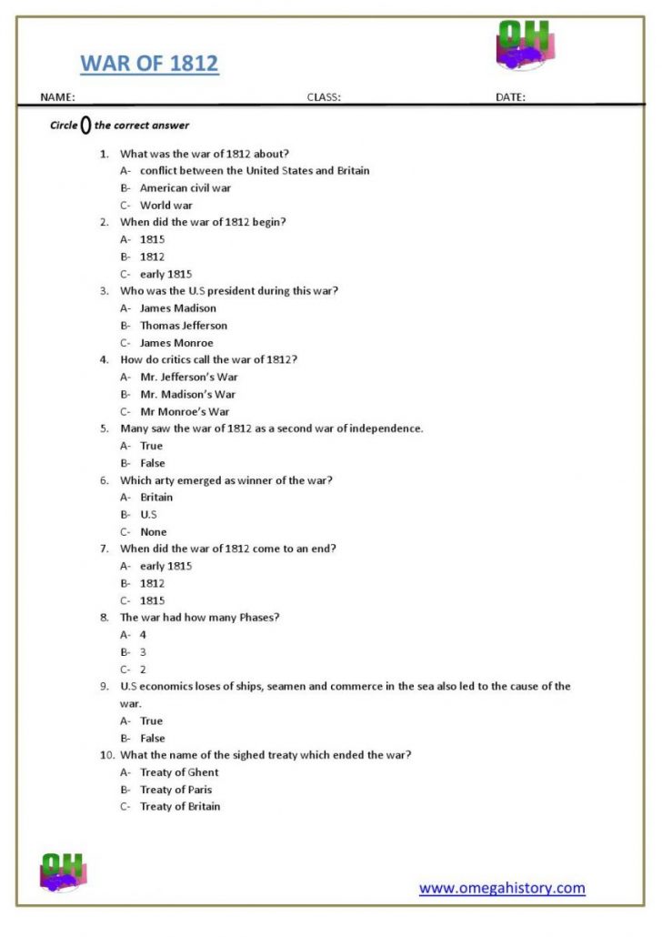 The War Of 1812 History - Free Printable Pdf Worksheet For Kids | Free ...