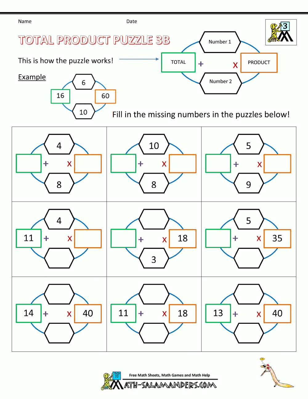 Third Grade Math Puzzle Worksheets Total Product Puzzle 3B | Printable Math Riddles Worksheets