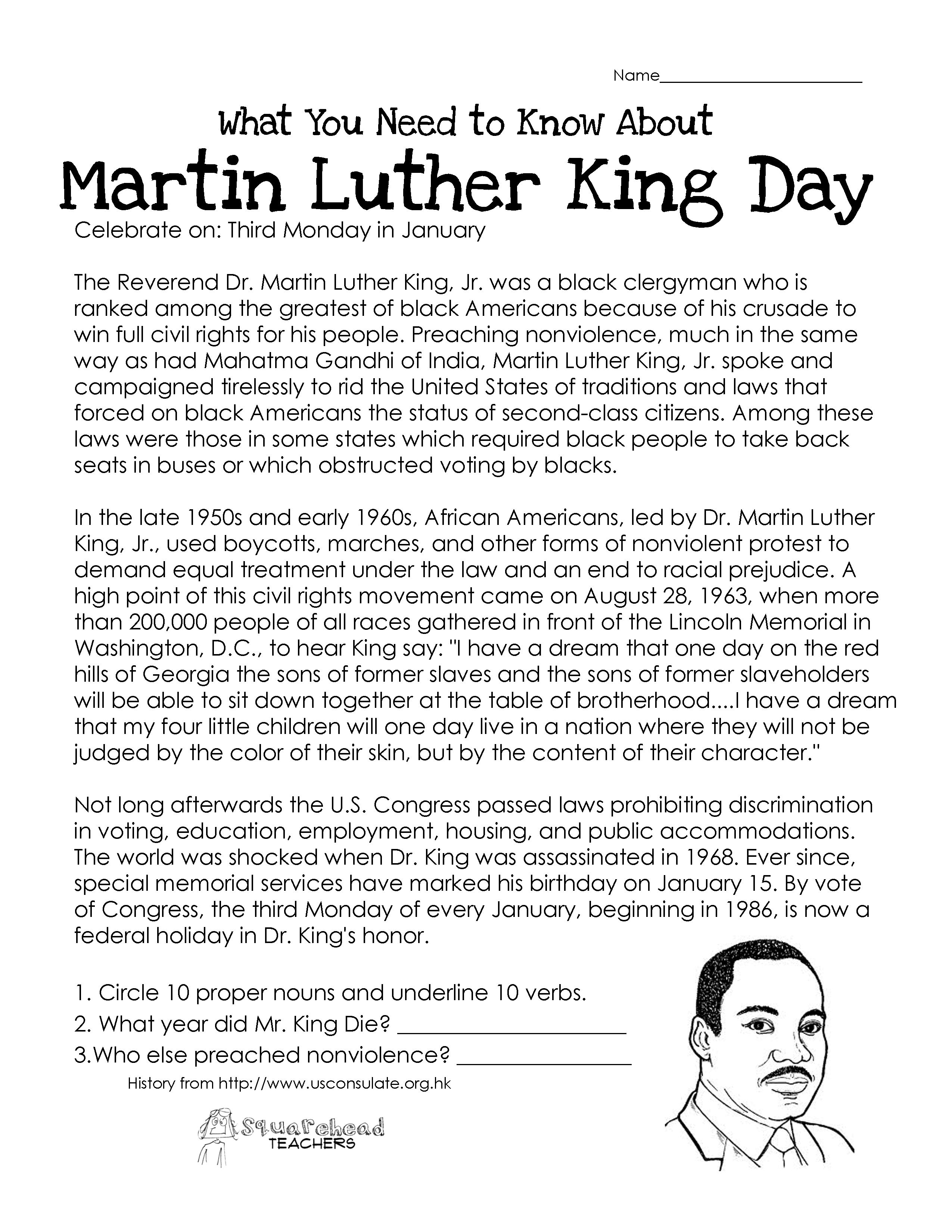 This Free Worksheet About Martin Luther King Day Covers The Basic | Free Printable Martin Luther King Jr Worksheets