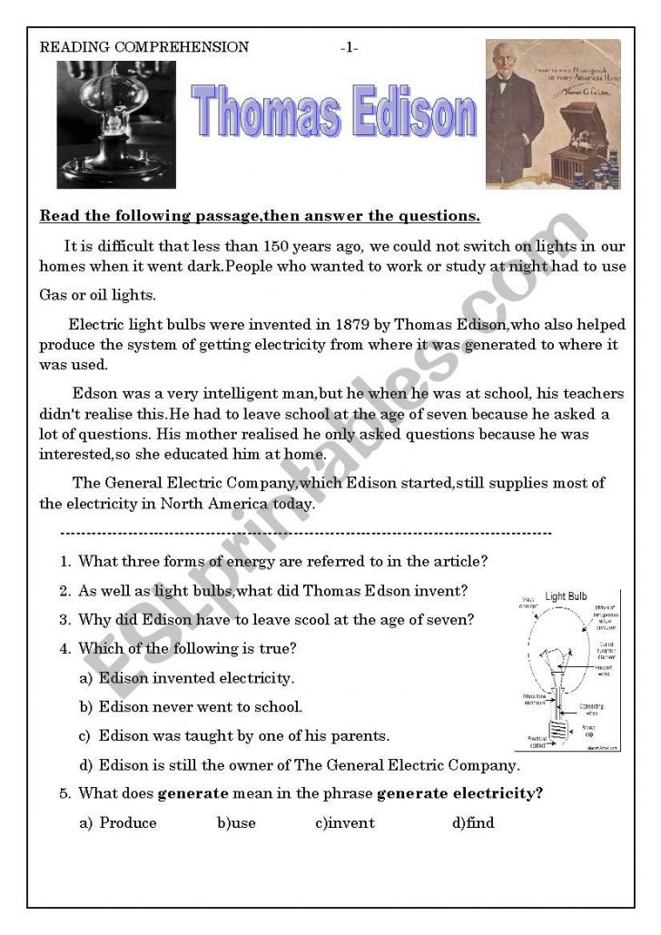 Thomas Edison - Esl Worksheetashraf Amir | Thomas Edison Printable ...