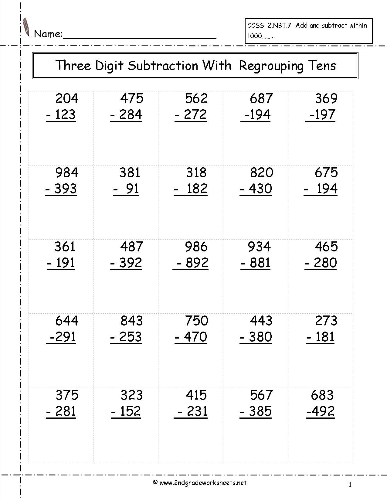 Three Digit Subtraction With Regrouping Worksheet | Learning | 3Rd Grade Math Subtraction Printable Worksheets