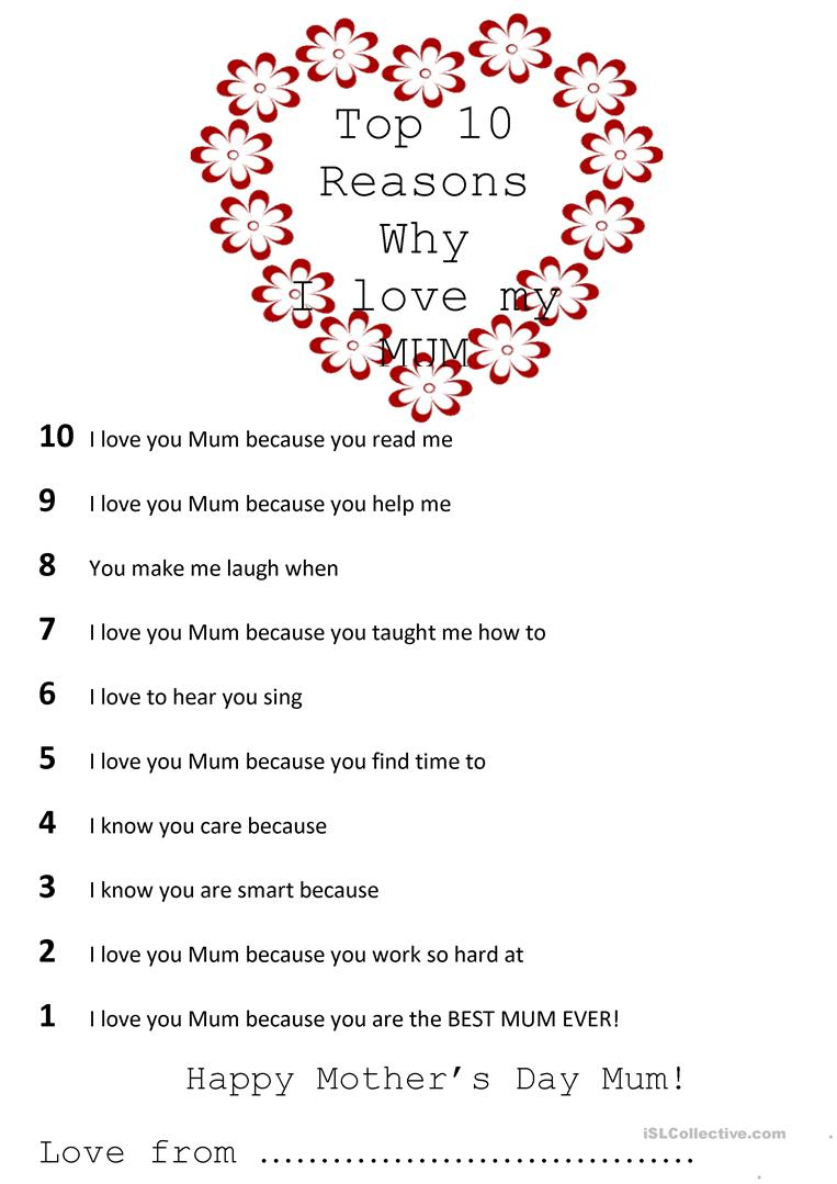 Top 10 Reasons Why I Love My Mom Worksheet - Free Esl Printable | Are You My Mother Printable Worksheets