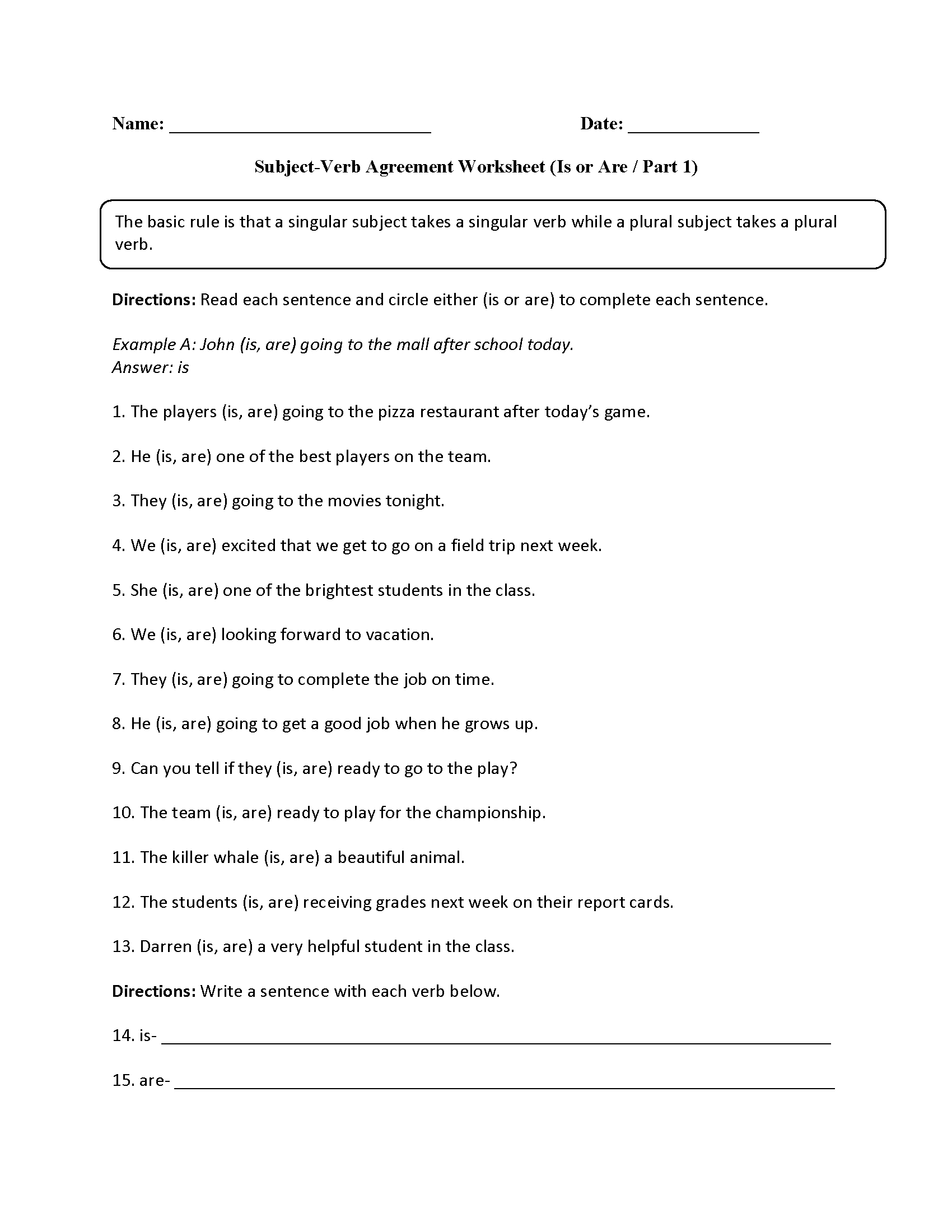 Verbs Worksheets | Subject Verb Agreement Worksheets | Free Printable Subject Verb Agreement Worksheets