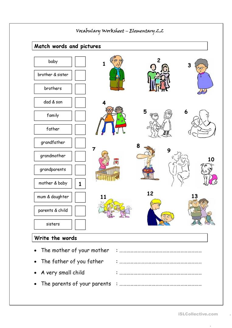 Vocabulary Matching Worksheet - Elementary 2.2 (Family) Worksheet | Family Printable Worksheets