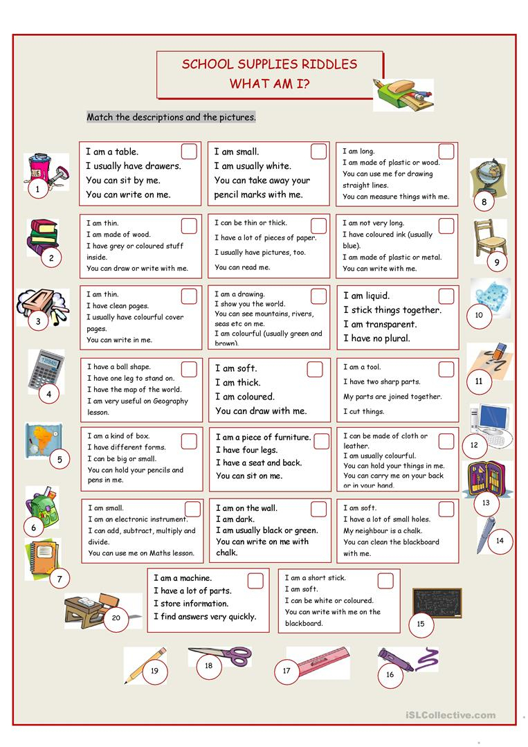 What Am I? (School Supplies Riddles) Worksheet - Free Esl Printable | Riddles Worksheets Printable