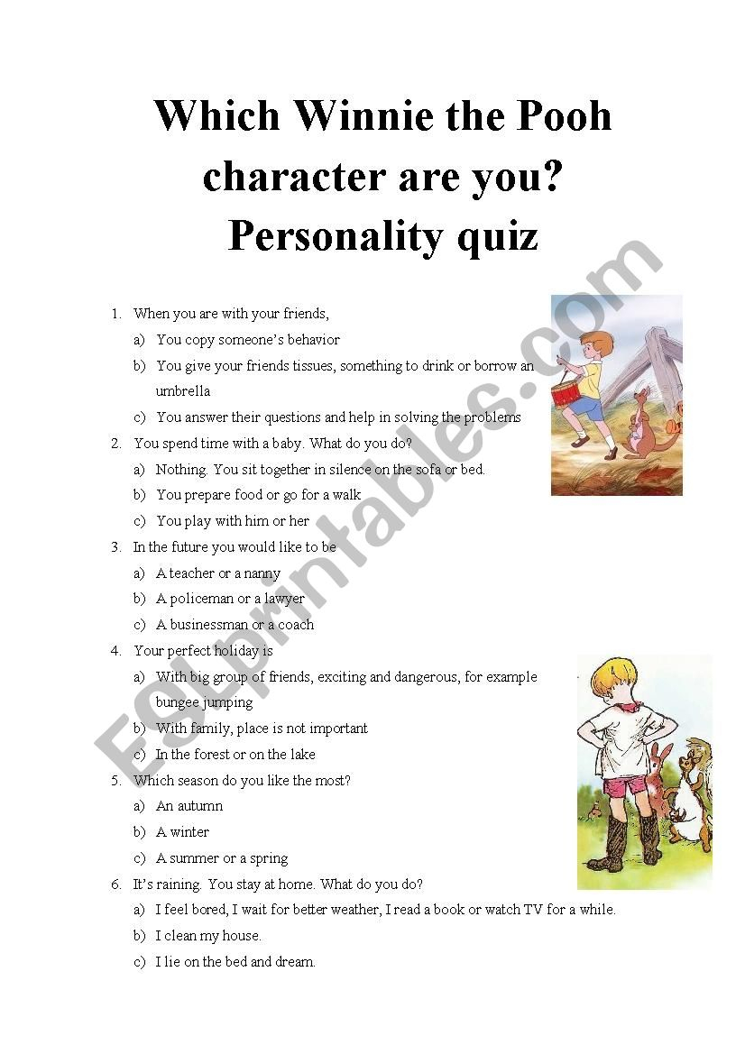 Which Winnie The Pooh Character Are You? Personality Quiz Part 3 | Personality Quiz Printable Worksheet