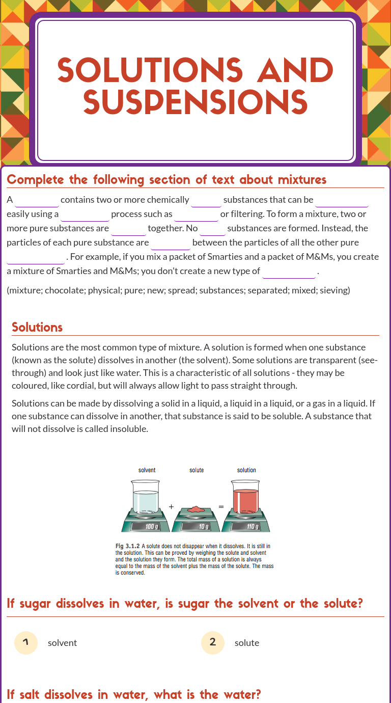 Wizer Blended Worksheet &amp;quot;solutions And Suspensions&amp;quot;. | Science | Free Printable Worksheets On Mixtures And Solutions