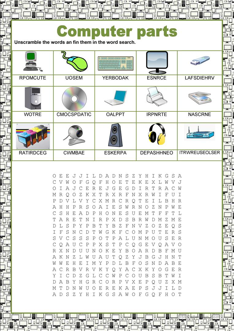 Wordsearch - Computer Parts Worksheet - Free Esl Printable | Parts Of The Computer Worksheet Printable