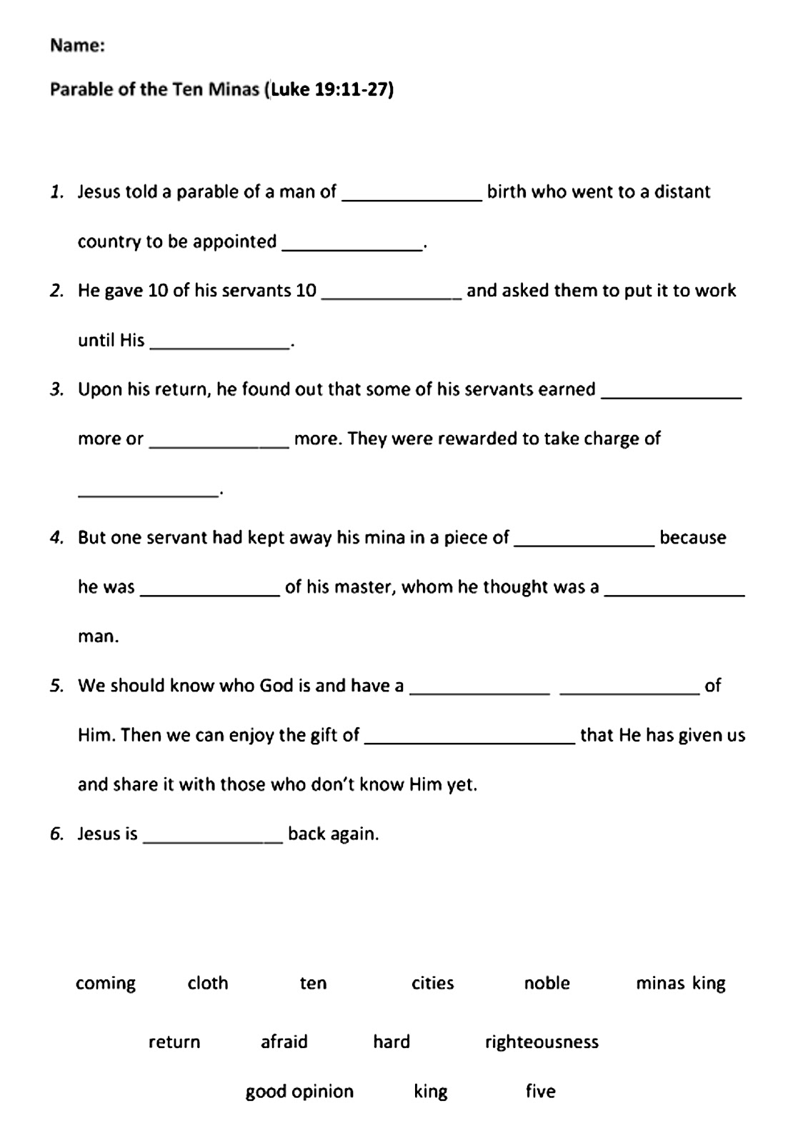 Worksheet : Growing Kids In Grace Parable Of The Ten Minas Miracles | Printable Worksheets Miracles Jesus